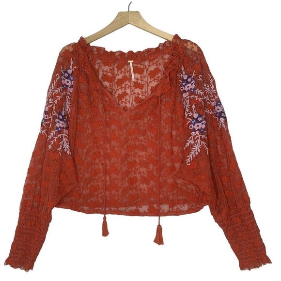 Free People Jubilee Red Embroidered Floral Mesh Oversized Top Womens Size XS - Picture 10 of 16